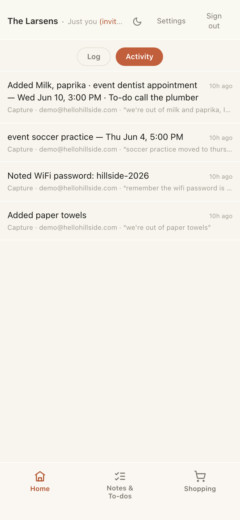 Activity feed: each logged line turned into a grocery, a calendar event, a to-do or a note.