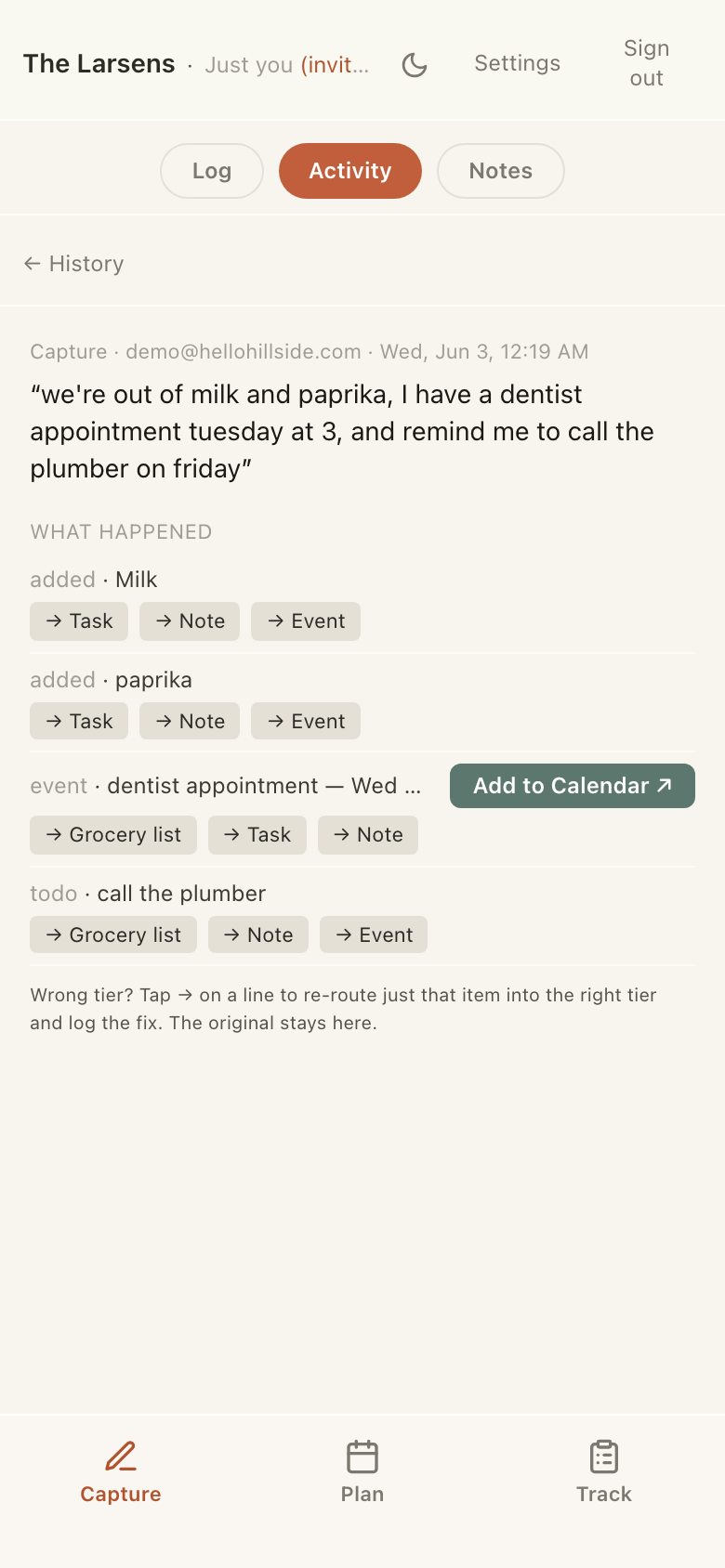 A capture's detail view: what each line became, with Add-to-Calendar links and one-tap reclassify.