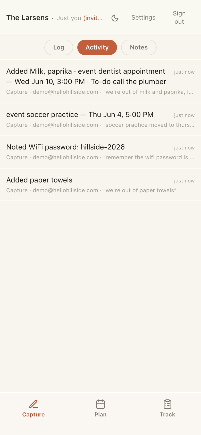 Hillside activity feed: each captured line turned into a grocery, a calendar event or a task.