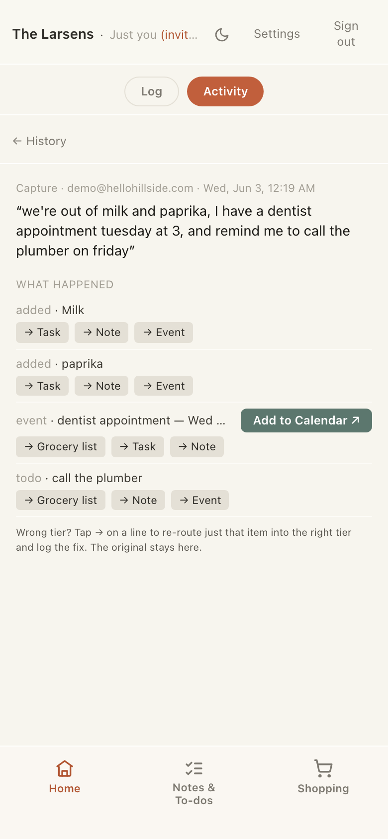 A logged note opened up: what each line became, with an Add-to-Calendar link and one-tap re-routing.