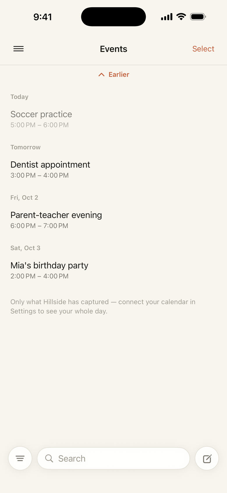 Events Hillside picked up from what the household captured, grouped by day.