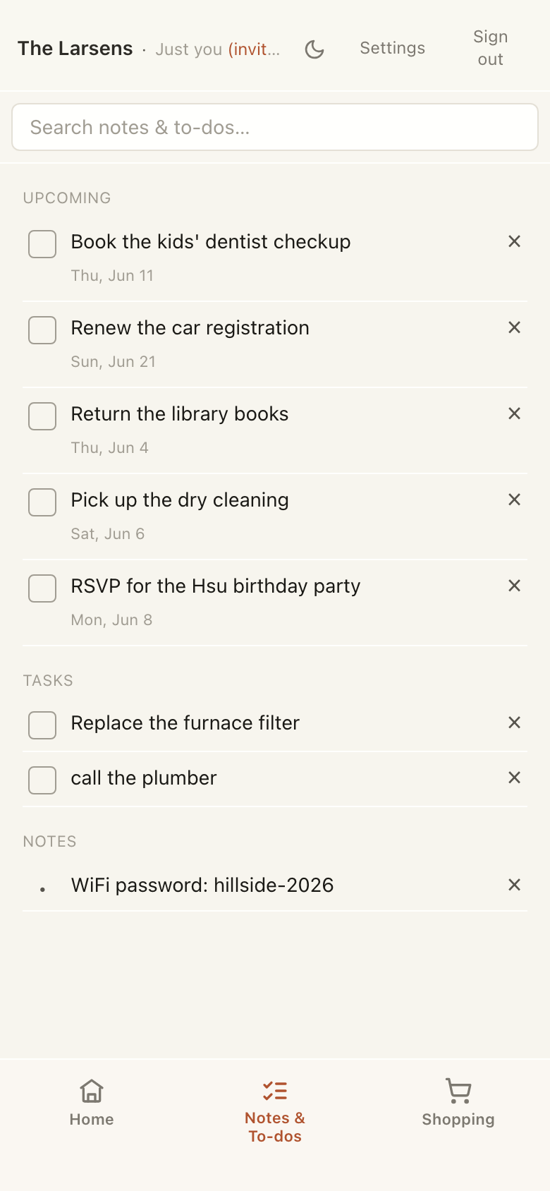 Notes & To-dos: notes and dated tasks together in one searchable list.