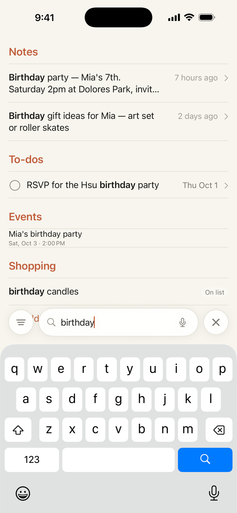 One search across the whole house: the word birthday finding a note, a to-do and an item on the shopping list at once.