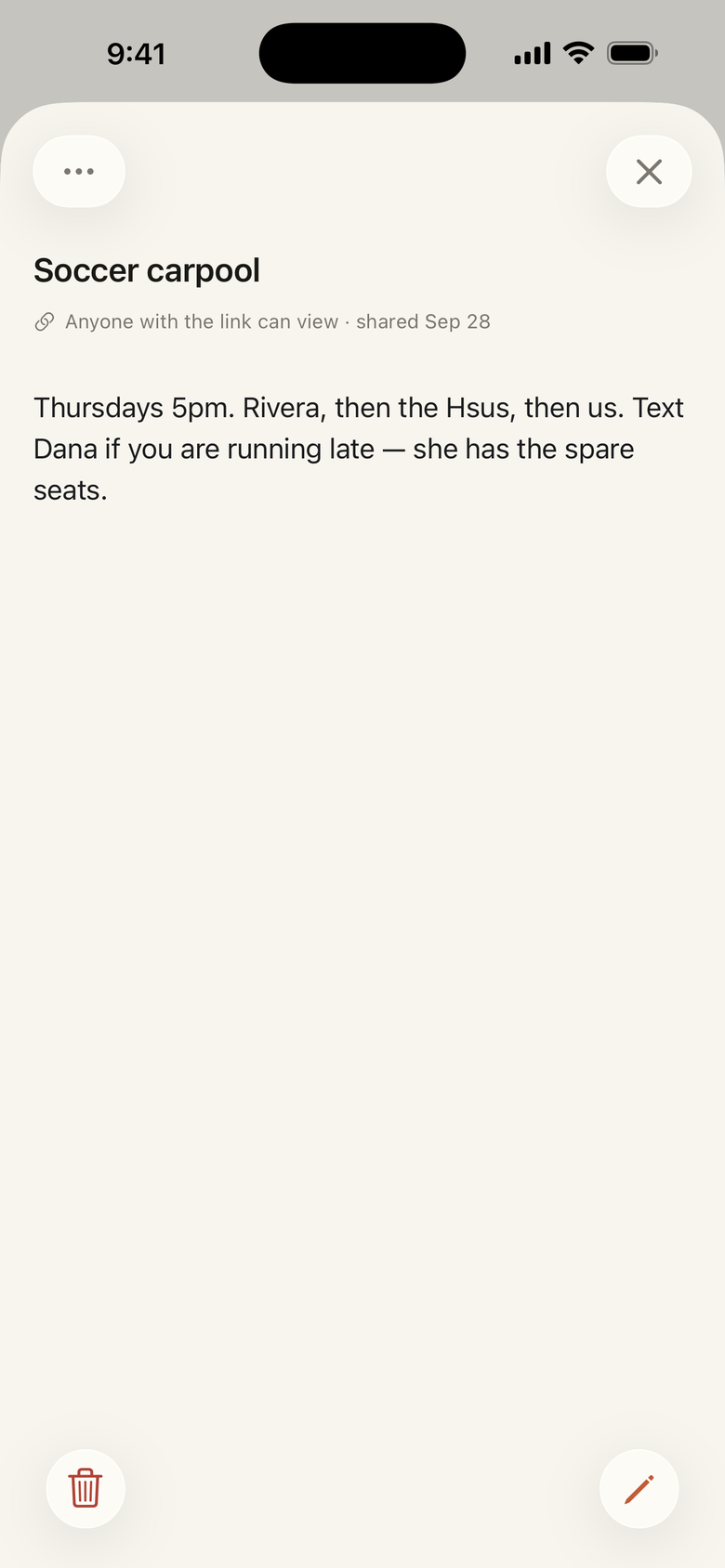 A note shared by link: anyone with the link can view it, and the household can stop sharing at any time.