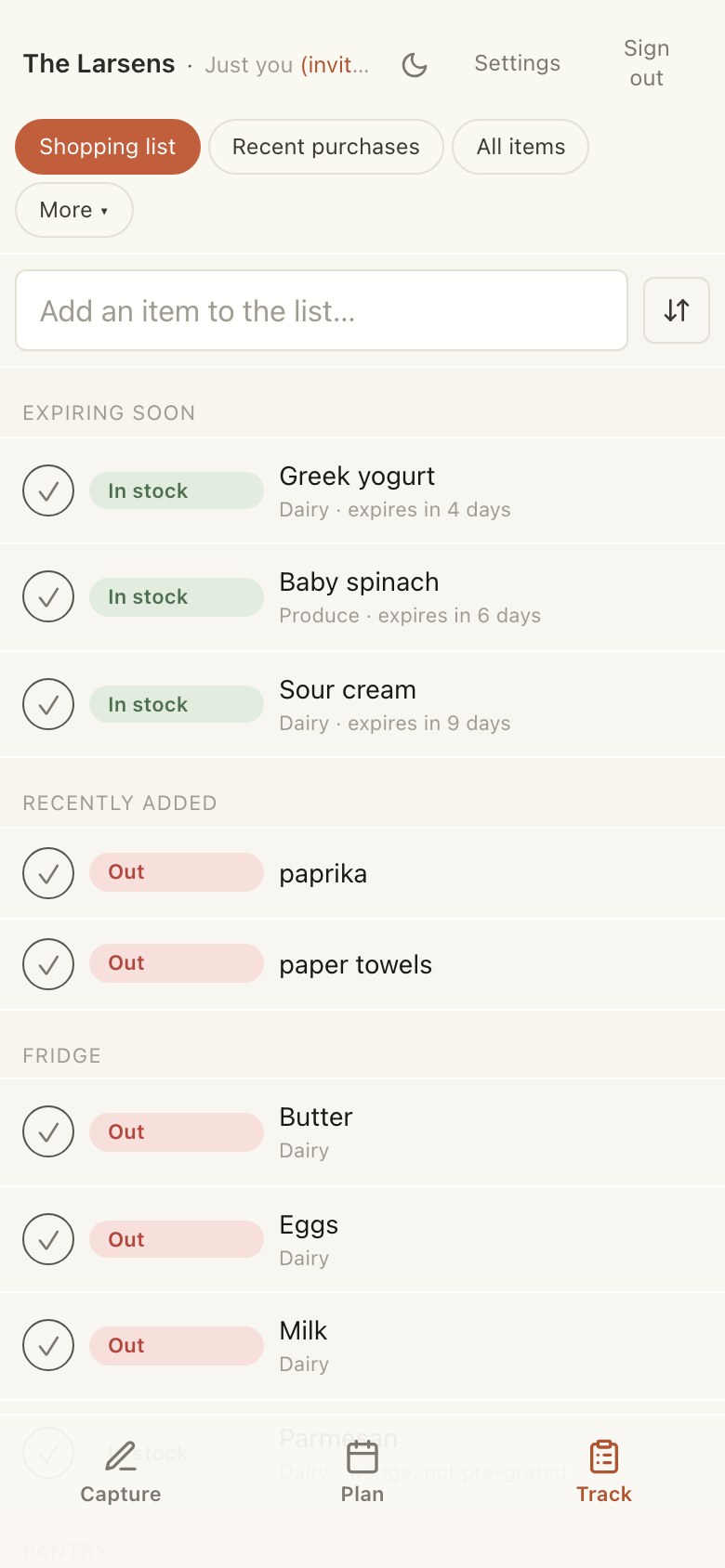 Hillside shopping list with an expiring-soon section and in-stock / out status chips.