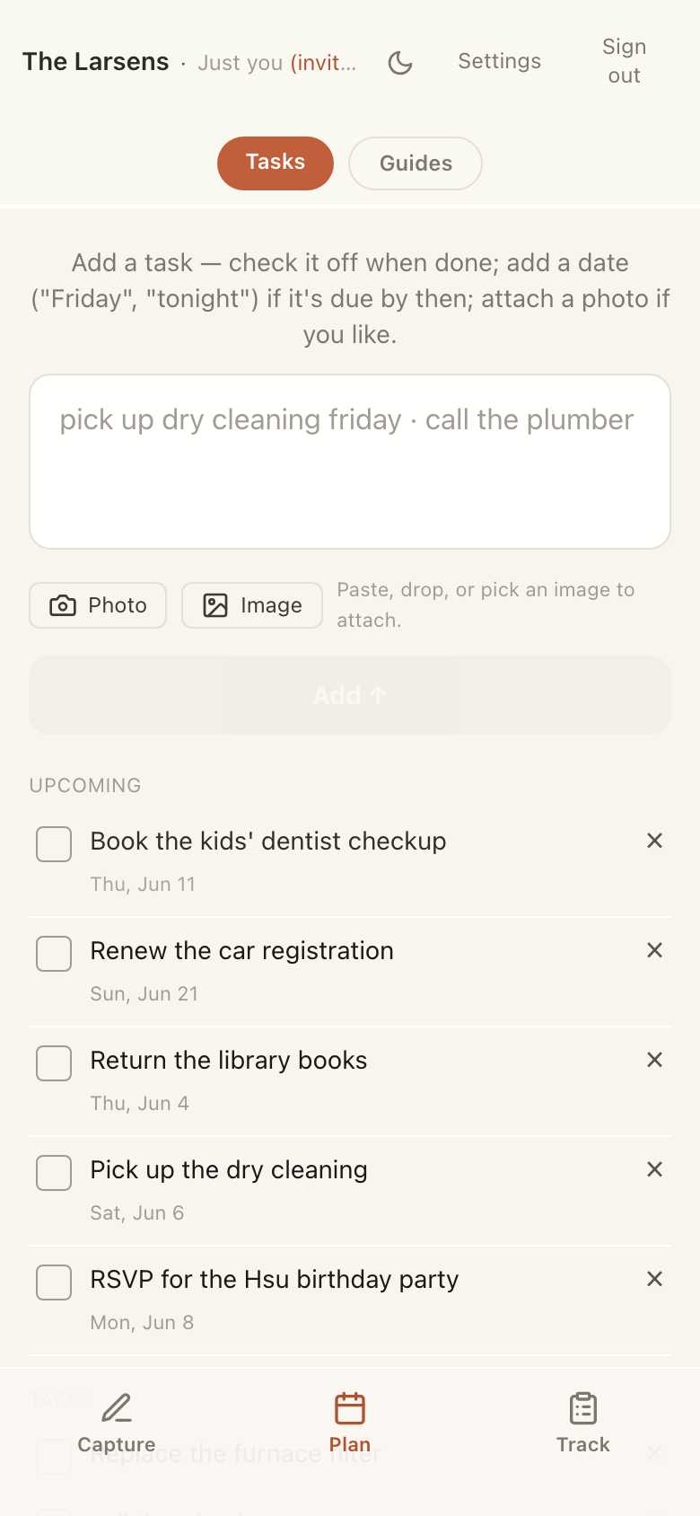 Hillside Plan tasks: a shared agenda of to-dos with due dates.