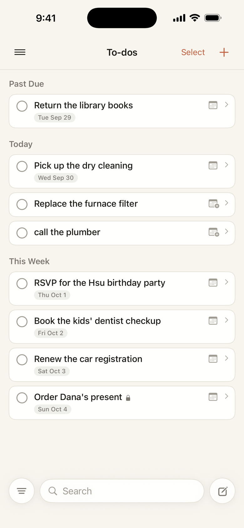 To-dos, bucketed by when they are due: past due, today, then the rest of the week.