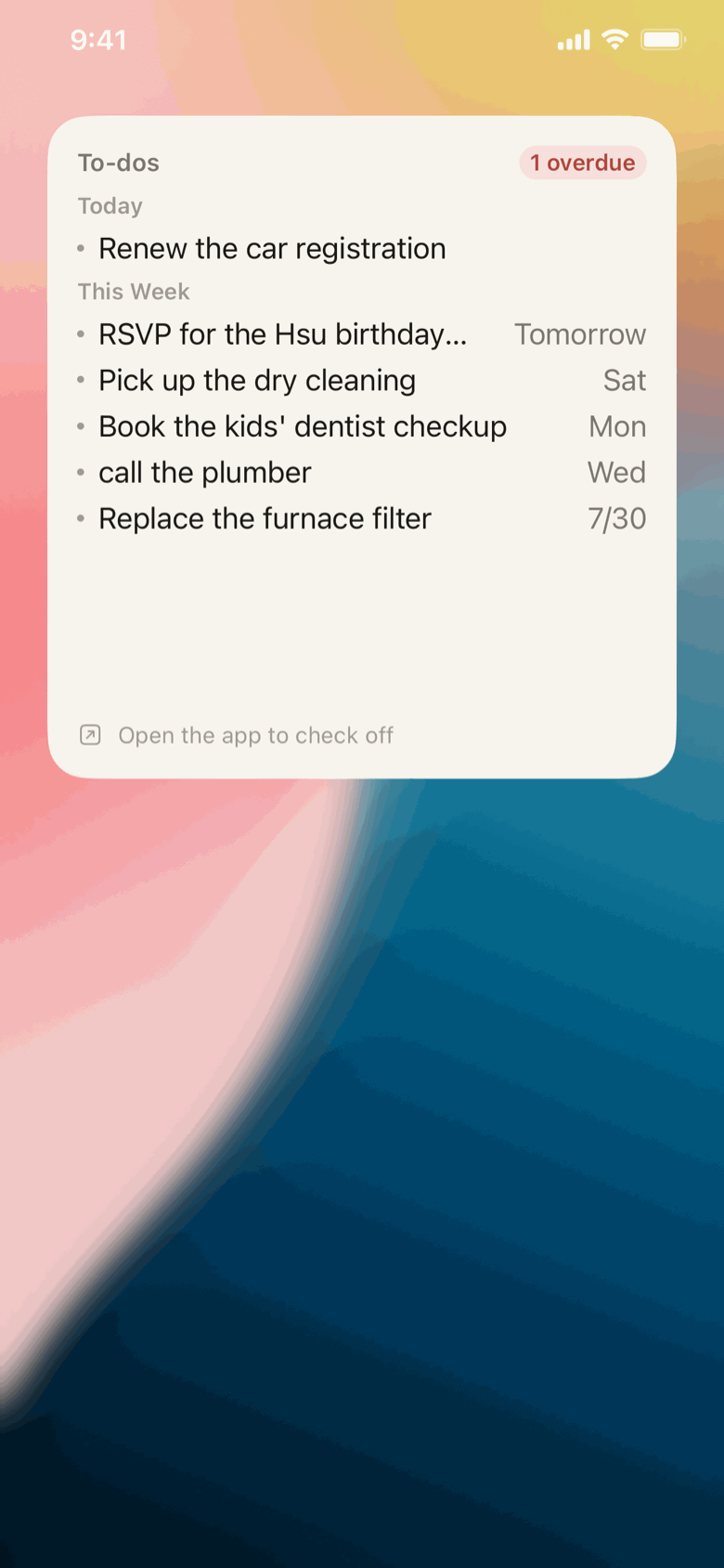 The To-dos widget on the iPhone home screen: an overdue count, then what's due today and this week — without opening the app.